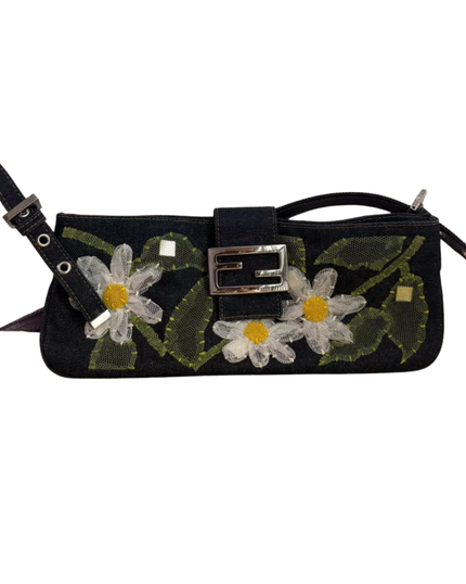 Fendi Baguette Shoulder Bag — Denim Floral Embroidery