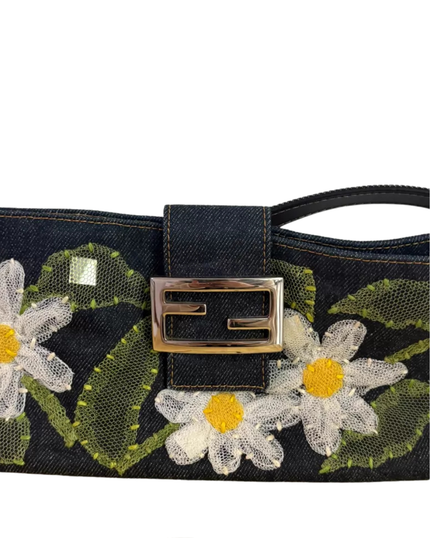 Fendi Baguette Shoulder Bag — Denim Floral Embroidery