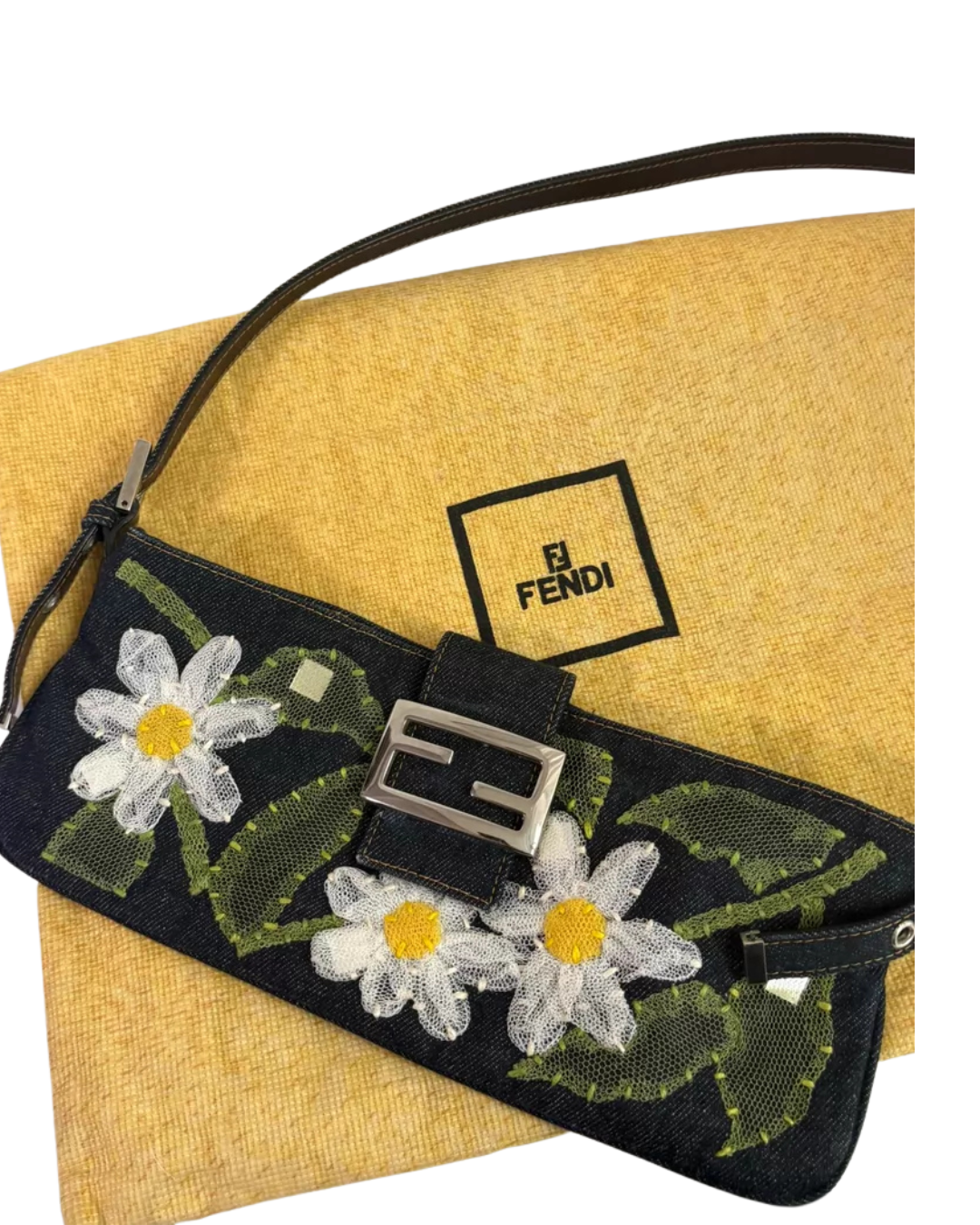 Fendi Baguette Shoulder Bag — Denim Floral Embroidery