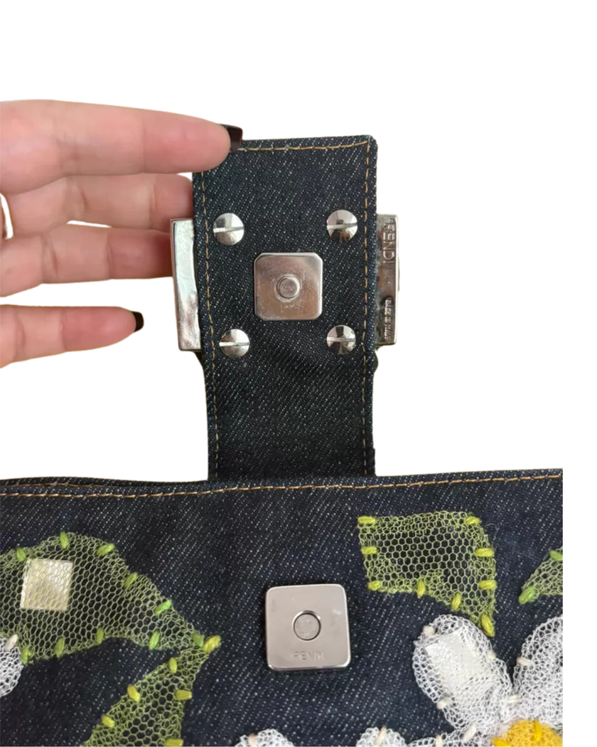 Fendi Baguette Shoulder Bag — Denim Floral Embroidery
