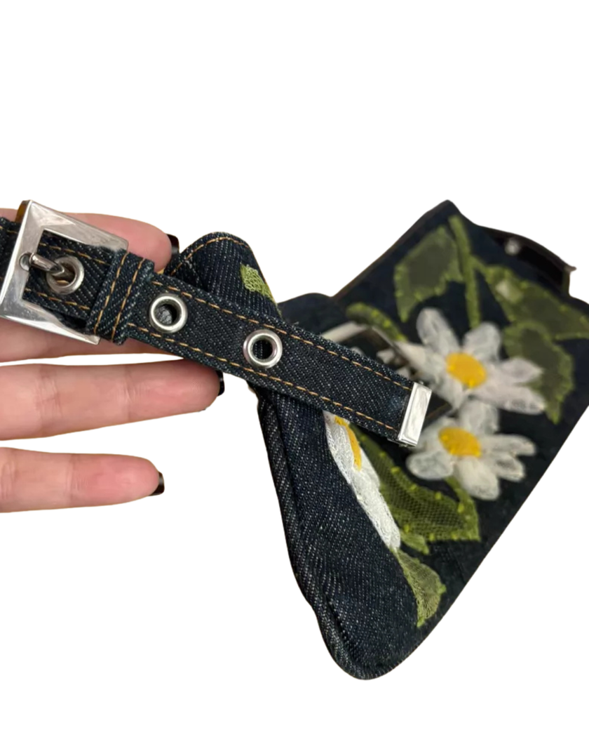 Fendi Baguette Shoulder Bag — Denim Floral Embroidery